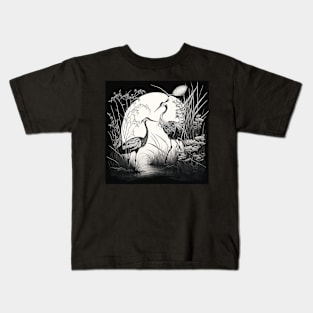 Japanese crane bird drawing black and white Kids T-Shirt